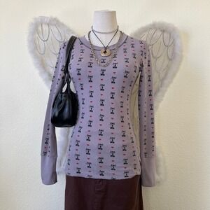 Emo Girly Grunge Cat Hearts Print Long Sleeve Waffle Knit Top Purple Grey 2000s